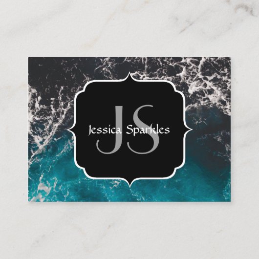 波状の泡状の青い黒い海グラデーションの水モノグラム 名刺 (裏面)