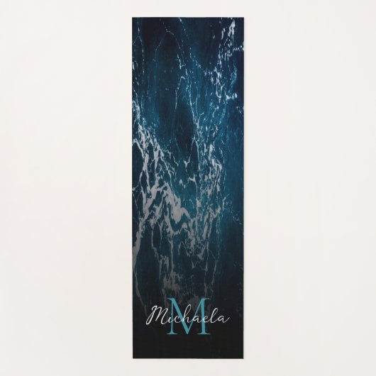波状の泡状ダークブルーの海水抽象芸術モノグラム ヨガマット (正面)