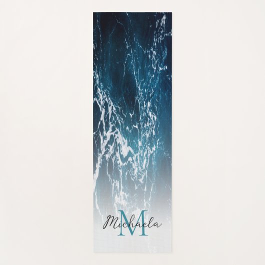 波状の泡状ダークブルーの海水抽象芸術モノグラム ヨガマット (正面)