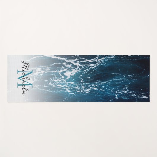 波状の泡状ダークブルーの海水抽象芸術モノグラム ヨガマット (正面(横))