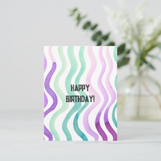 波状の紫と緑の水の色のラインBday Card (スタンド正面)
