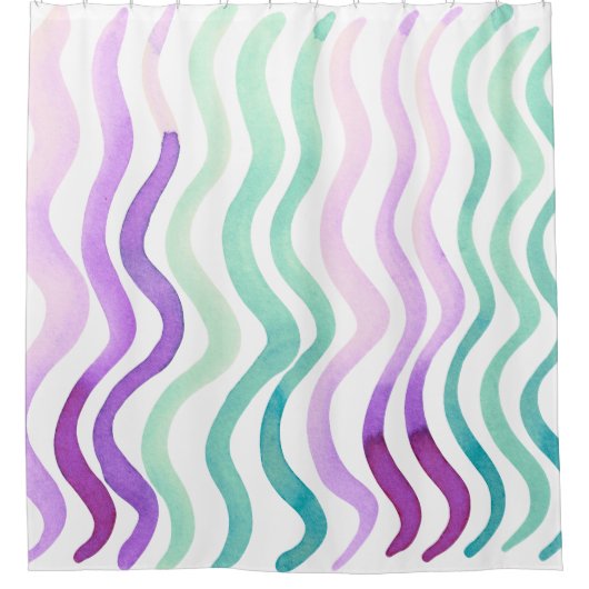 波状の紫と緑の水色の線 シャワーカーテン (正面)