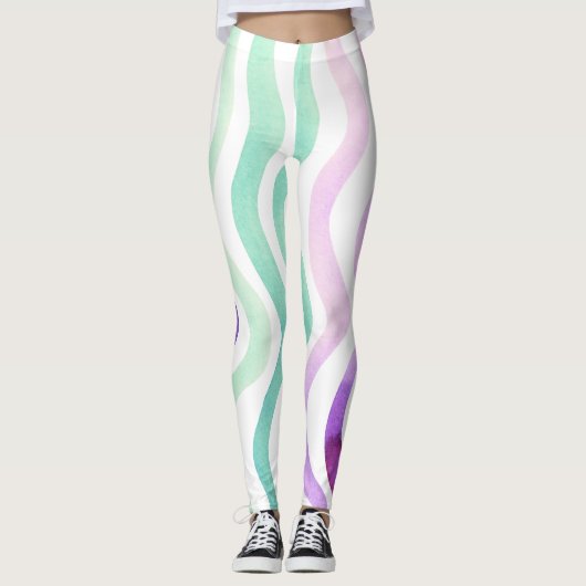 波状の紫と緑の水色の線 レギンス (正面)