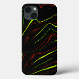 波状の緑と赤の長いストローク、黒の背景 iPhone 13ケース