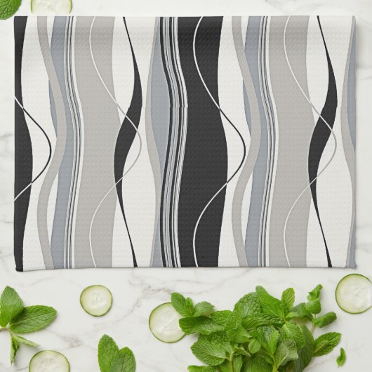 波状の縦ストライプの黒の灰色及び白 キッチンタオル (折り畳み)