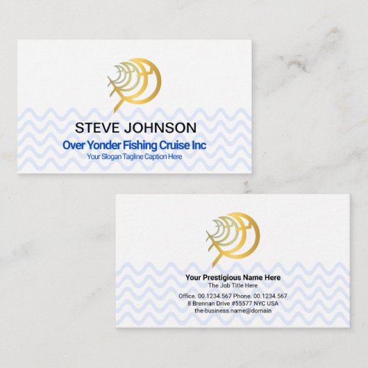 波状の青い水線が魚を泳がせる 名刺 (正面/裏面)