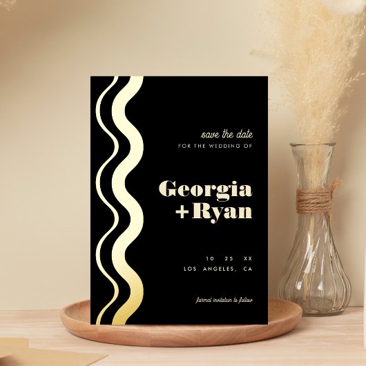 波状エッジモダンレトロ黒い日付を保存実在する 箔招待状