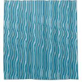 波状ターコイズと白ストライプ色 シャワーカーテン (正面)