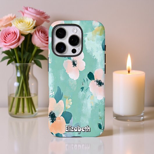 波状ティール(緑がかった色)とピンク色の花 Case-Mate iPhoneケース