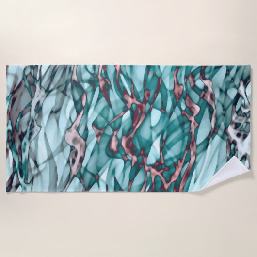 波状ティール（緑がかった色）ブルーグリーンコーラルピンク抽象芸術アート ビーチタオル (正面)