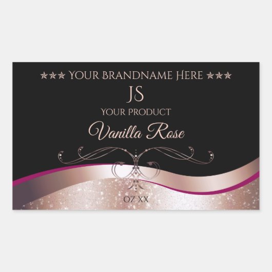 波状バラ金ゴールドデコーブラックモノグラム製品ラベル 長方形シール (正面)