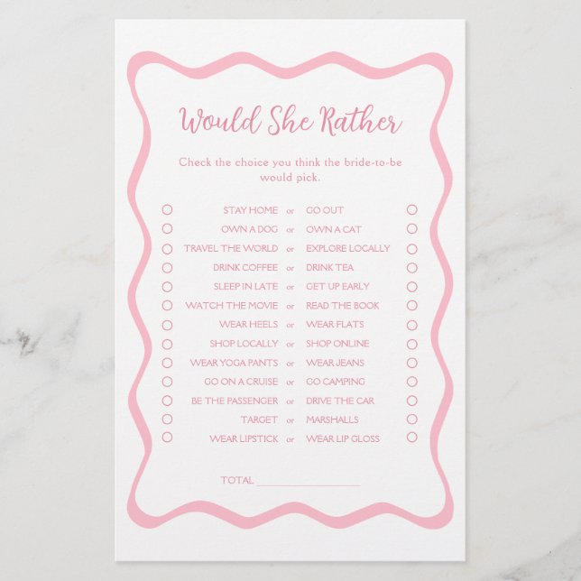 波状ピンクのブライダルシャワーは彼女はむしろゲームをする (正面)