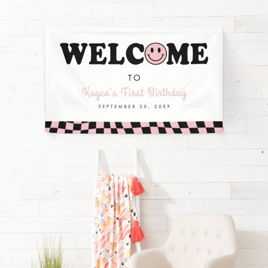 波状ピンク名門私立校風のスマイルガール1stバースデーウェルカム 横断幕 (インサイチュ)