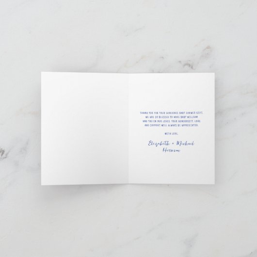 波状フレームお洒落男の赤ちゃんシャワー サンキューカード (内部)