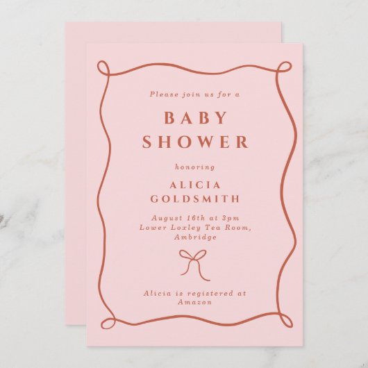 波状フレームお洒落&ボーピンク赤ちゃんシャワー 招待状 (正面/裏面)