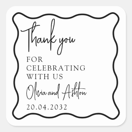 波状フレーム、波状縁ど、の結婚ありがとうステッカー スクエアシール (正面)