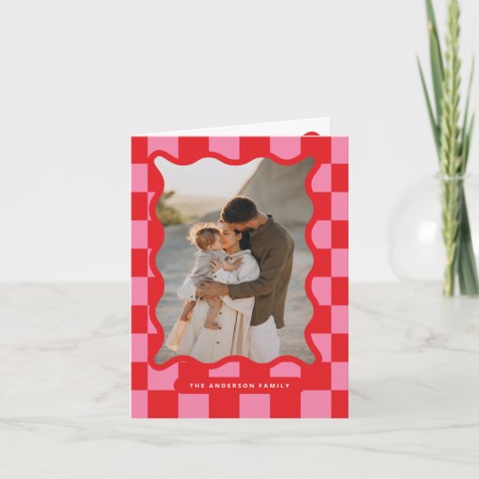 波状モダンエッジのチェックミニマル写真クリスマス シーズンカード (正面)