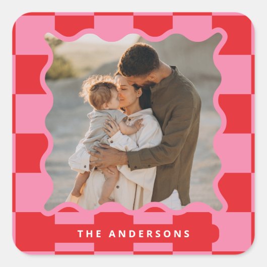 波状モダンエッジのチェックミニマル写真クリスマス スクエアシール (正面)