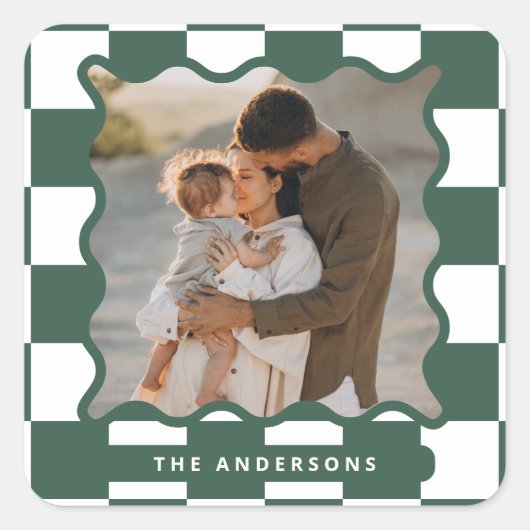 波状モダンエッジのチェックミニマル写真クリスマス スクエアシール (正面)