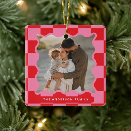 波状モダンエッジのチェックミニマル写真クリスマス セラミックオーナメント (ツリー)