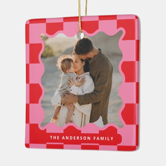 波状モダンエッジのチェックミニマル写真クリスマス セラミックオーナメント (左)