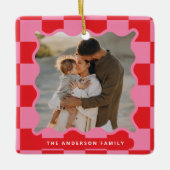 波状モダンエッジのチェックミニマル写真クリスマス セラミックオーナメント (正面)