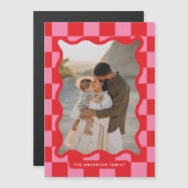 波状モダンエッジのチェックミニマル写真クリスマス マグネット招待状 (正面/裏面)