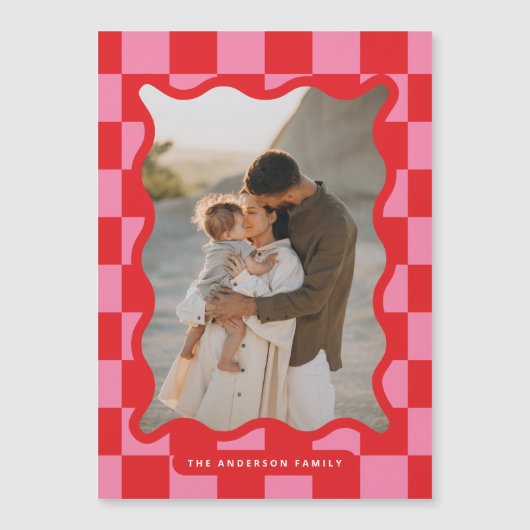 波状モダンエッジのチェックミニマル写真クリスマス マグネット招待状 (正面)