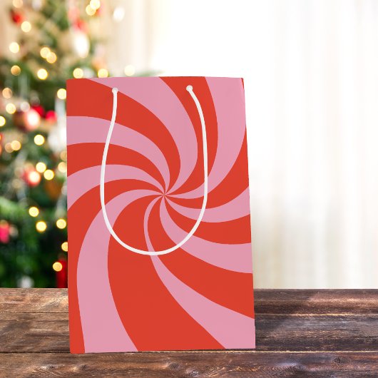 波状モダングルービーヒッピーレトロクリスマスピンクレッド ミディアムペーパーバッグ