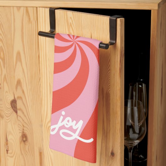 波状モダンレトロクリスマスキャンディピンクレッドホリデイ キッチンタオル (三つ折り)