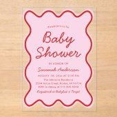 波状モダン湾曲レトロピンクと赤ベビーシャワー アクリル招待状 (正面)