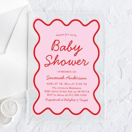 波状モダン湾曲レトロピンクと赤ベビーシャワー アクリル招待状