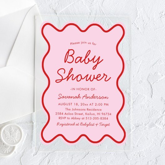 波状モダン湾曲レトロピンクと赤ベビーシャワー アクリル招待状