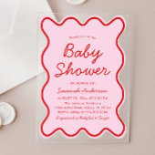 波状モダン湾曲レトロピンクと赤ベビーシャワー アクリル招待状