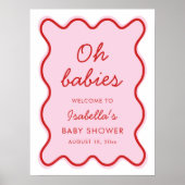 波状モダン湾曲レトロピンクと赤ベビーシャワー ポスター (正面)