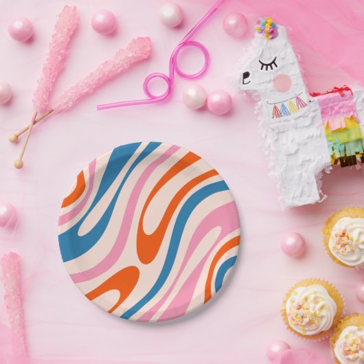 波状ループレトロモダン抽象芸術パターン青ピンク ペーパープレート (パーティー)
