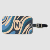 波状ループレトロ抽象芸術パターンイニシャル青 ラゲッジタグ (正面横)