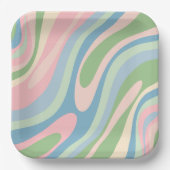 波状ループレトロ抽象芸術パターンパステルブルーピンク ペーパープレート (正面)