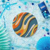 波状ループレトロ抽象芸術パターンブルーオレンジ ペーパープレート (パーティー)