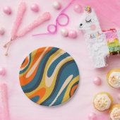 波状ループレトロ抽象芸術パターンブルーオレンジ ペーパープレート (パーティー)