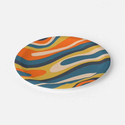 波状ループレトロ抽象芸術パターンブルーオレンジ ペーパープレート (アングル)