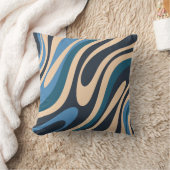 波状ループレトロ抽象芸術パターン青とベージュ クッション (ブランケット)