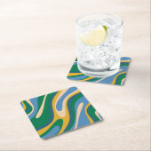 波状ループレトロ抽象芸術パターン青（緑） スクエアペーパーコースター (インサイチュ)