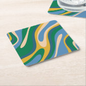波状ループレトロ抽象芸術パターン青（緑） スクエアペーパーコースター (アングル)