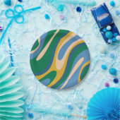 波状ループレトロ抽象芸術パターン青(緑) ペーパープレート (パーティー)