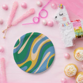 波状ループレトロ抽象芸術パターン青(緑) ペーパープレート (パーティー)