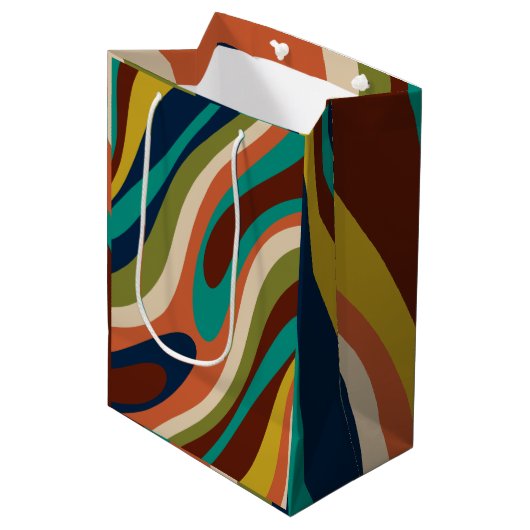 波状ループ数々の – カラーレトロ抽象芸術パターン ミディアムペーパーバッグ (正面アングル)
