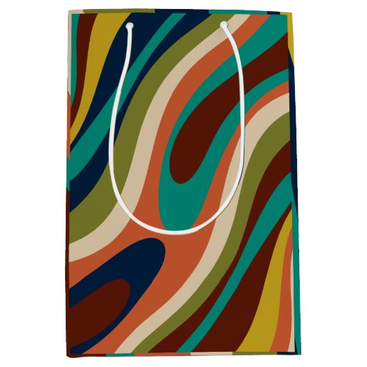 波状ループ数々の – カラーレトロ抽象芸術パターン ミディアムペーパーバッグ (正面)