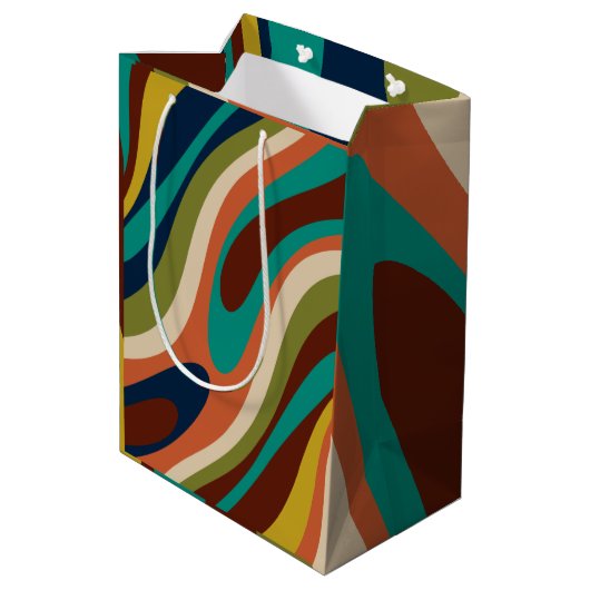 波状ループ数々の – カラーレトロ抽象芸術パターン ミディアムペーパーバッグ (裏面アングル)