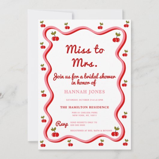 波状レトロさくらんぼバレンタインブライダルシャワー 招待状 (正面)